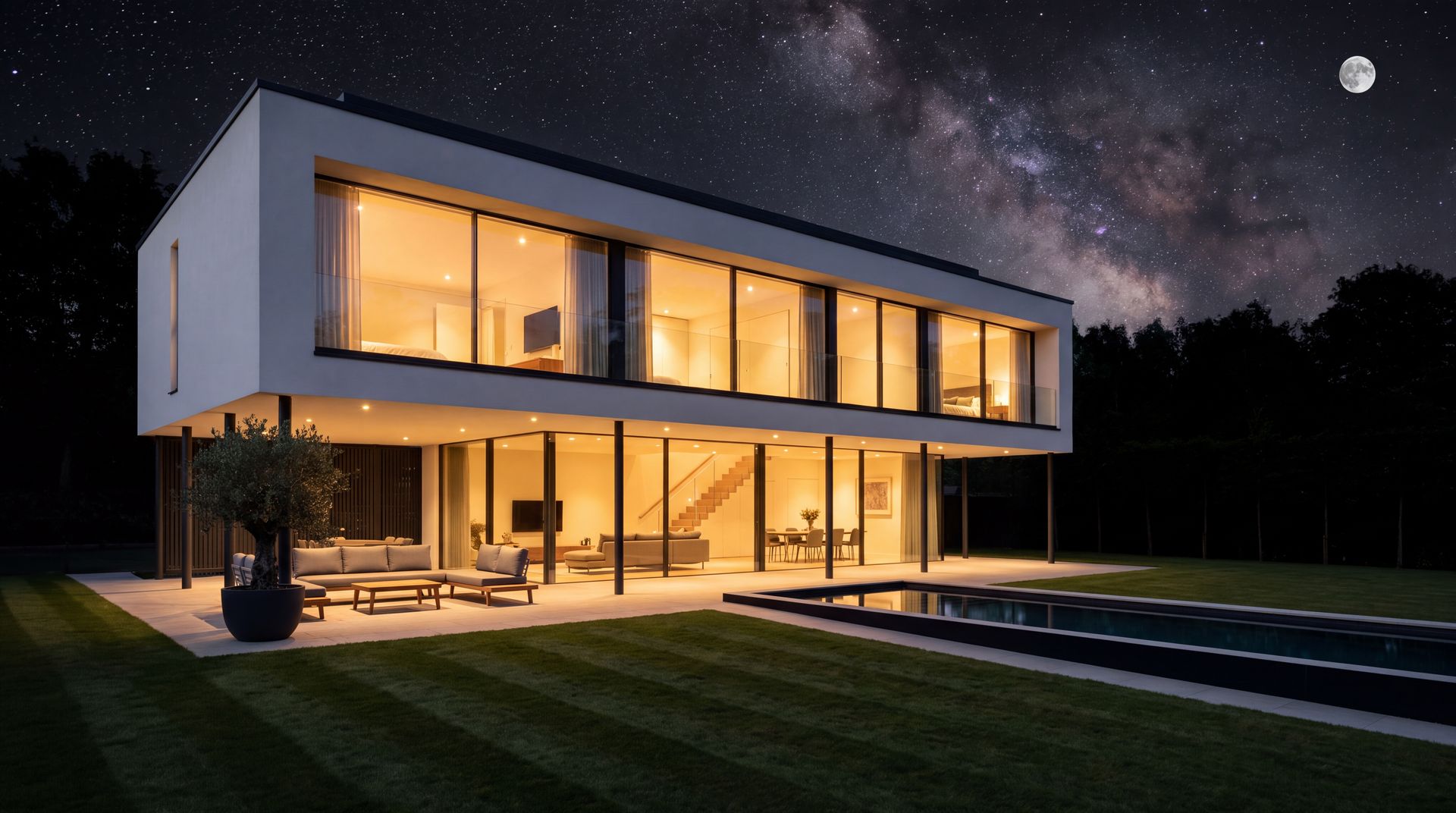 KI-generierte Bildfolge: eine moderne Villa, in die Technik einzieht, bis das Haus vollständig aus Technik besteht