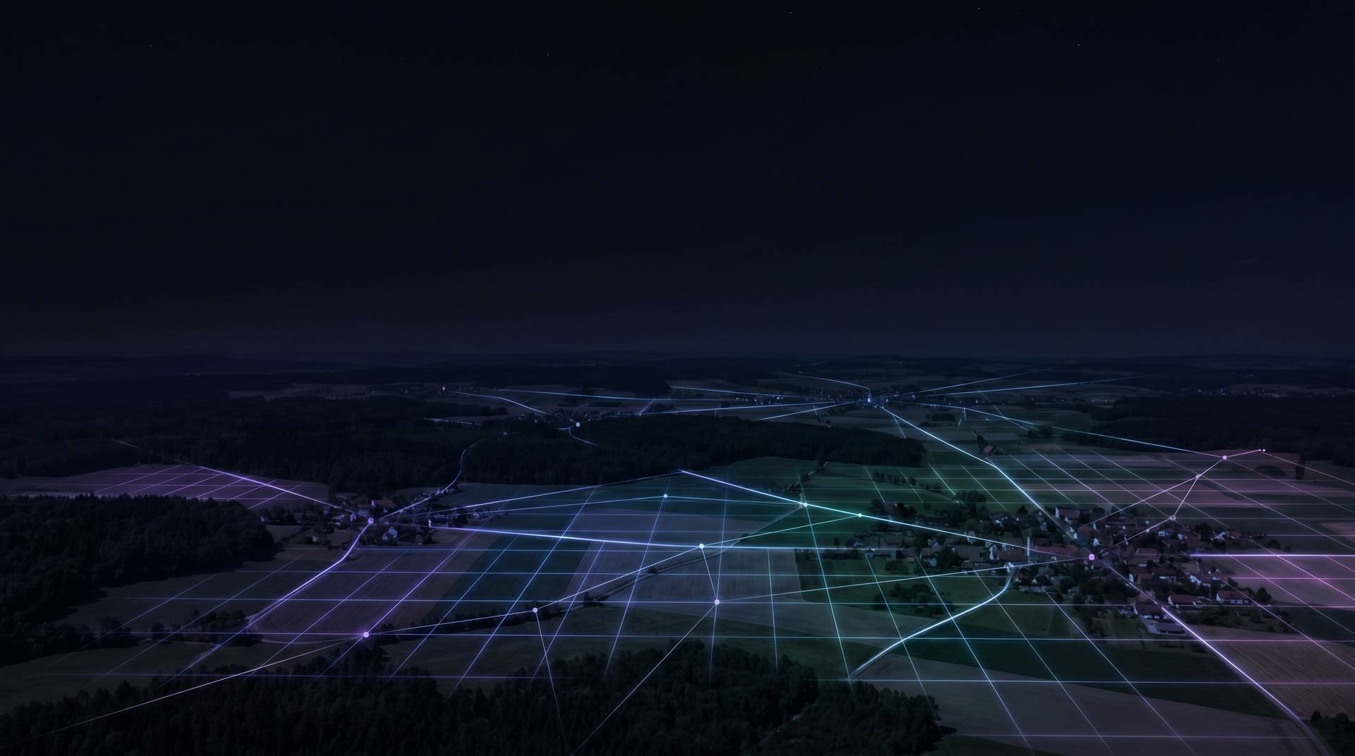 N&auml;chtliche Luftaufnahme der fr&auml;nkischen Region mit digitalem Lichtnetz